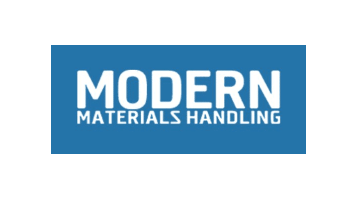 Blue rectangular logo with the words “MODERN MATERIALS HANDLING” in bold white capital letters, where MODERN is larger and placed above MATERIALS HANDLING.