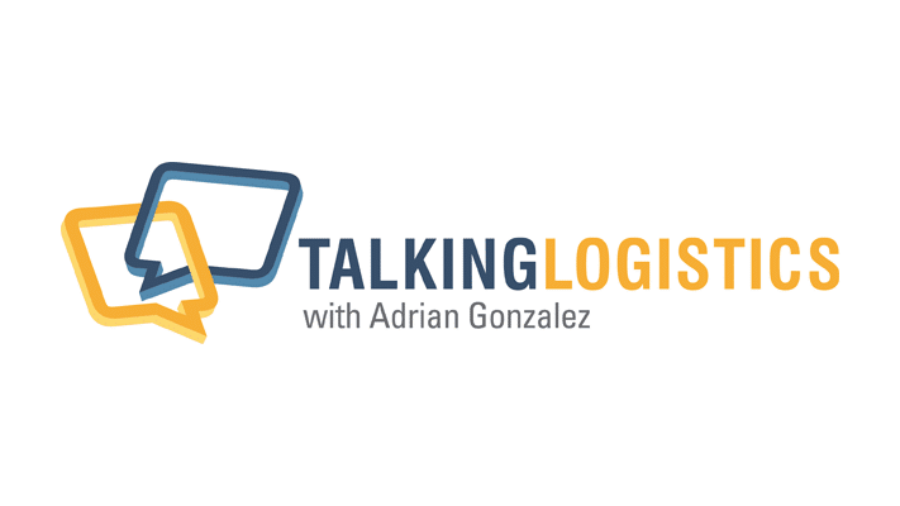 Logo for Talking Logistics with Adrian Gonzalez featuring two overlapping speech bubble icons, one yellow and one blue, next to the title in blue and yellow text on a white background.