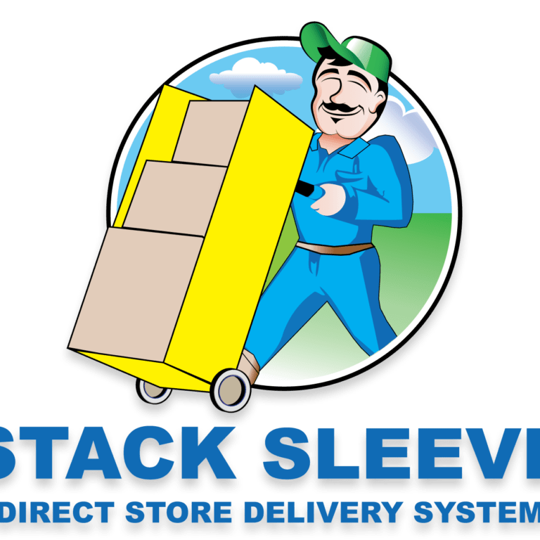 A smiling delivery worker in blue uniform and cap pushes a yellow hand truck with boxes; text below reads “STACK SLEEVE DIRECT STORE DELIVERY SYSTEM.”.