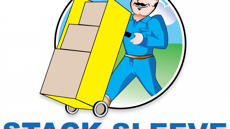 A smiling delivery worker in blue uniform and cap pushes a yellow hand truck with boxes; text below reads “STACK SLEEVE DIRECT STORE DELIVERY SYSTEM.”.