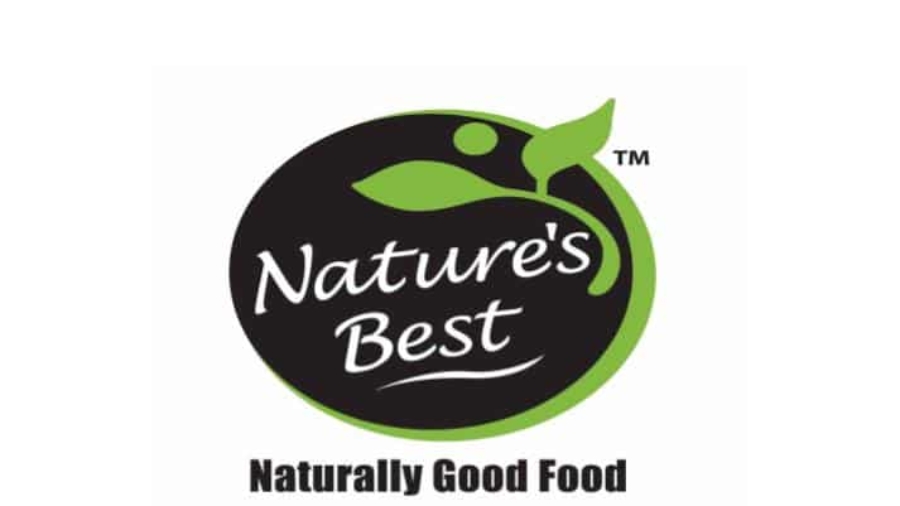 Nature’s Best logo features a black oval with a green outline and leaf design. The words “Nature’s Best” are written in white script, and “Naturally Good Food” appears below in black text.