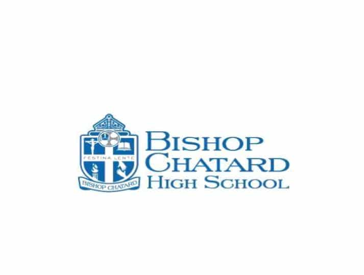 Blue and white Bishop Chatard High School logo featuring a shield with symbols and the Latin phrase FESTINA LENTE above the schools name in bold, uppercase text on a white background.
