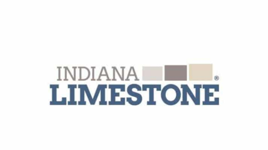 Logo for Indiana Limestone featuring the words INDIANA in gray and LIMESTONE in bold blue letters, with four rectangular color swatches in shades of gray and beige above the text.