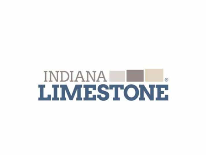 Logo for Indiana Limestone featuring the words INDIANA in gray and LIMESTONE in bold blue letters, with four rectangular color swatches in shades of gray and beige above the text.
