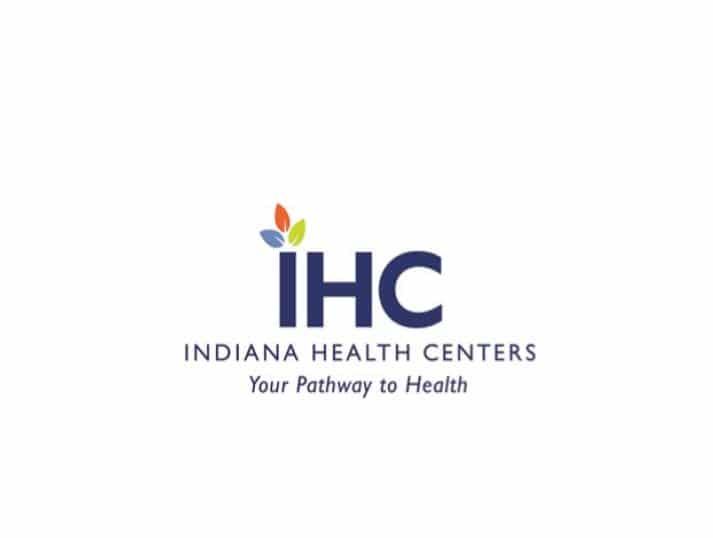 Logo for Indiana Health Centers (IHC) with a blue acronym IHC topped by three colorful leaves, and the tagline “Your Pathway to Health” underneath.