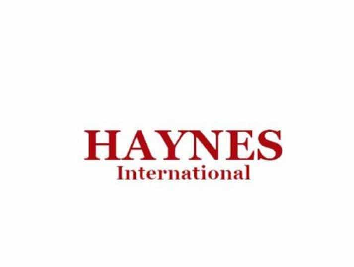 The image shows the logo of Haynes International, with HAYNES in large red uppercase letters and International in smaller red titlecase letters below it on a white background.