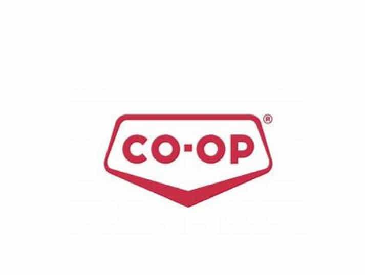 Red CO-OP logo with bold letters inside a red outlined, downward-pointing badge shape on a white background.