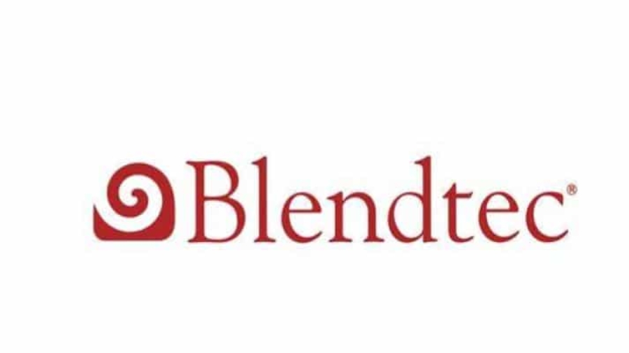 The red Blendtec logo features a spiral design on the left followed by the word “Blendtec” in a bold serif font on a white background.