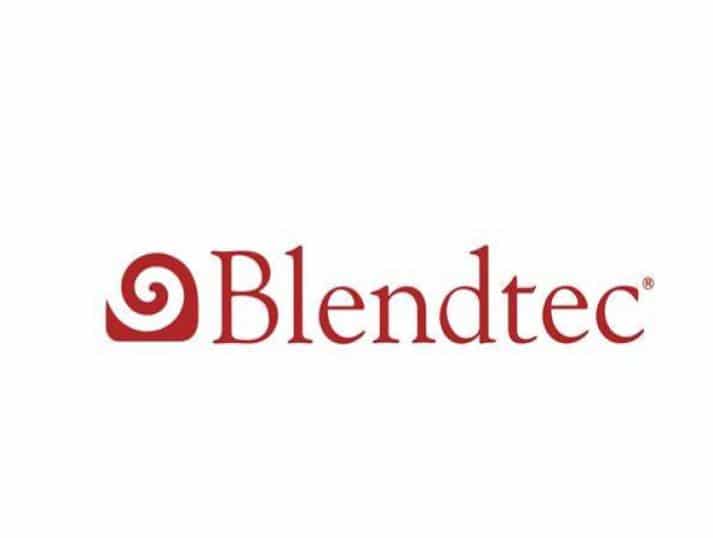 The red Blendtec logo features a spiral design on the left followed by the word “Blendtec” in a bold serif font on a white background.