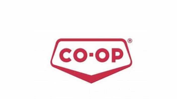 Red CO-OP logo in bold letters inside a pentagon-shaped outline on a white background.