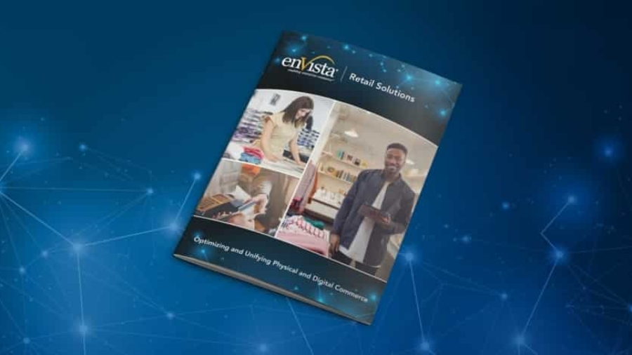 A magazine cover titled enVista Retail Solutions featuring images of people working in retail settings on a blue, tech-inspired background that highlights innovative retail solutions.