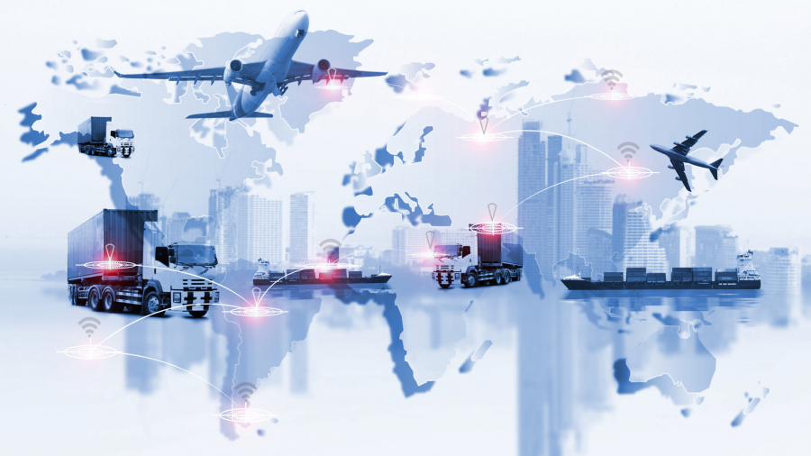 A world map overlaid with various transportation modes—cargo ships, airplanes, trucks, and containers—connected by digital network icons, symbolizing global logistics and supply chain connectivity.
