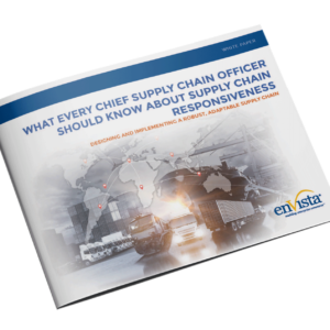A white paper titled What Every Chief Supply Chain Officer Should Know About Supply Chain Responsiveness featuring images of cargo ships, trucks, planes, and a world map with location markers.