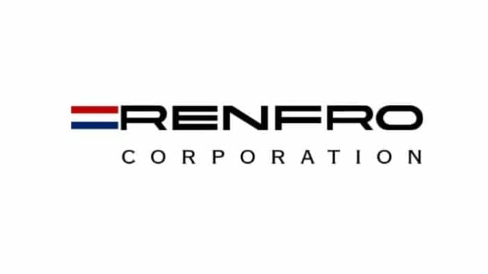 Logo for Renfro Corporation featuring the word RENFRO in bold black letters, with a stylized R containing red, white, and blue stripes, above the word CORPORATION in smaller black letters.