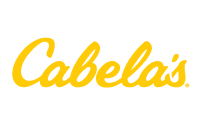 Cabelas logo in yellow cursive lettering on a light gray background.
