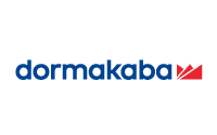 Dormakaba logo in blue lowercase letters, with a red geometric symbol featuring two triangles and a parallelogram on the right side, all on a light gray background.