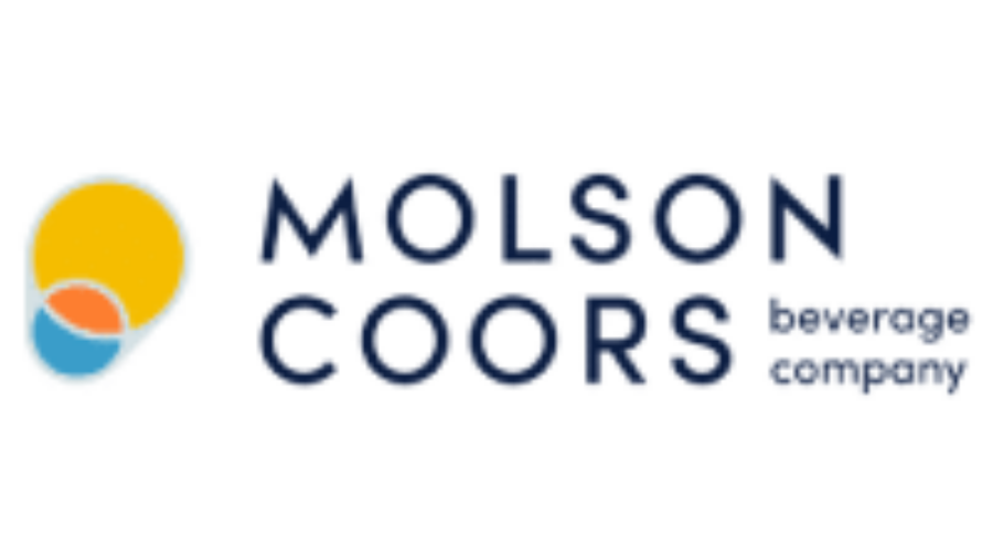 Molson Coors Beverage Company logo featuring bold blue text and a circular abstract design with overlapping yellow, orange, and blue shapes on a light background.