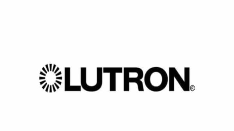 The image shows the Lutron logo with the word LUTRON in bold black letters. A circular sunburst design appears to the left of the text. The background is white.