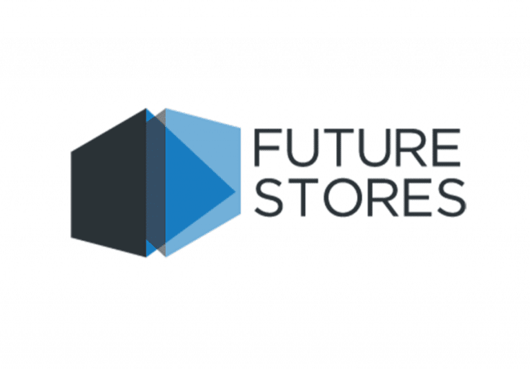 Logo with three overlapping geometric shapes in shades of black and blue on the left, next to the text FUTURE STORES in uppercase letters on a white background.