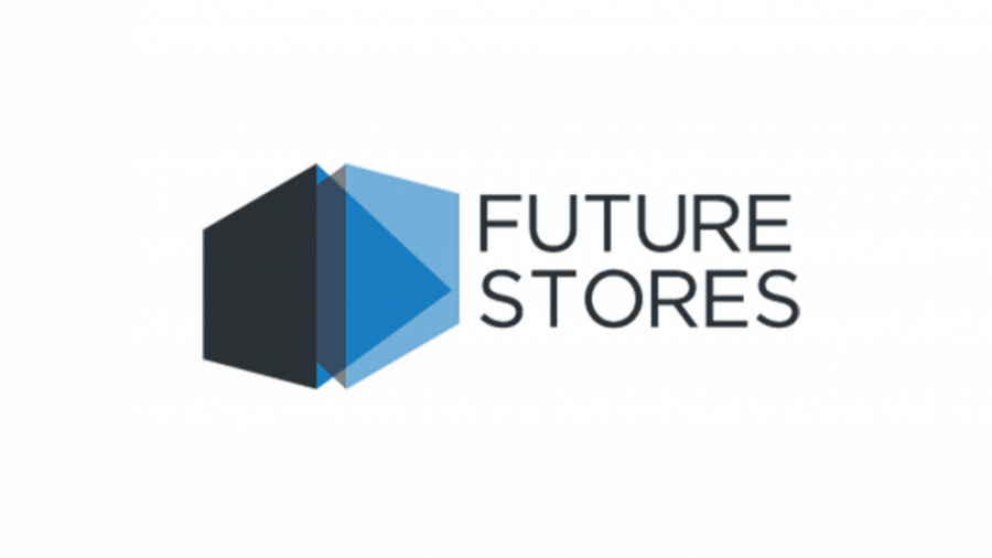 Logo with three overlapping geometric shapes in shades of black and blue on the left, next to the text FUTURE STORES in uppercase letters on a white background.