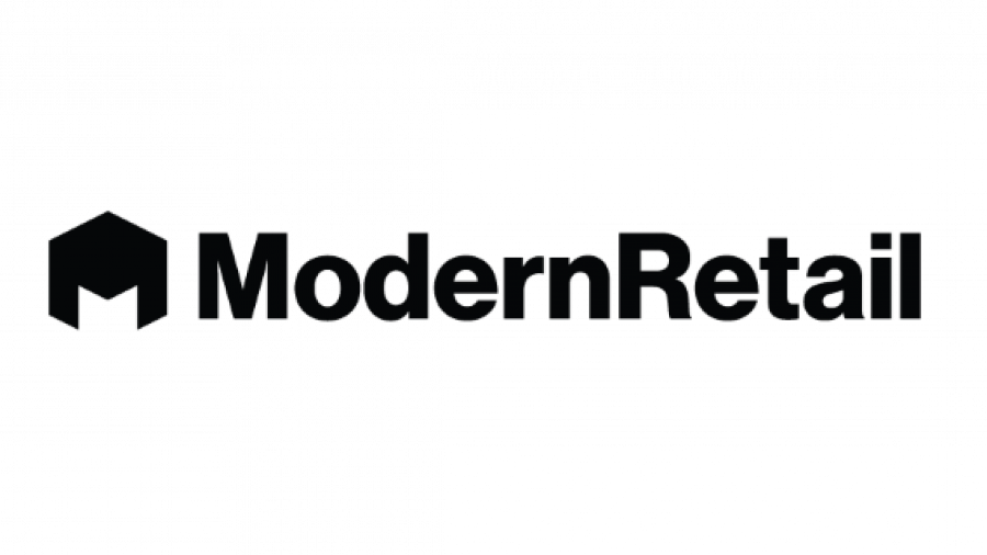 Black text ModernRetail in bold font next to a solid black geometric shape resembling an open box or house, on a light gray background.