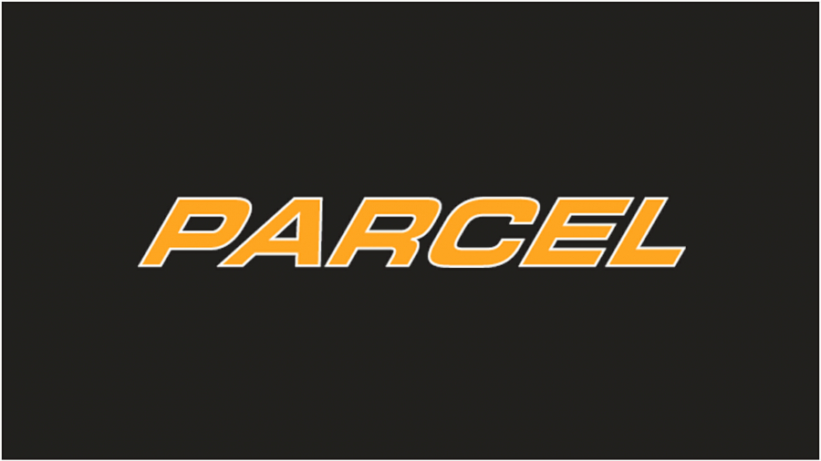 The word PARCEL is written in bold, italicized, orange letters with a white outline on a solid black background.