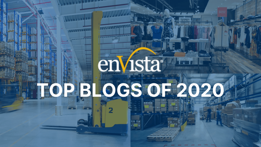 A collage featuring warehouse and retail store scenes with the enVista logo and the text TOP BLOGS OF 2020 overlaid in bold white letters.