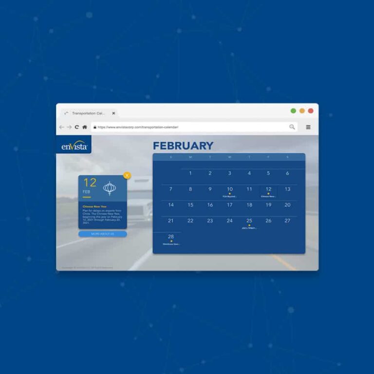 A digital calendar for February is displayed on a computer screen, highlighting February 12th with event details on the left. The background is blue with faint network lines.