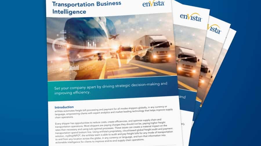 A stack of brochures titled Transportation Business Intelligence featuring images of trucks, a plane, and digital data graphics, placed on a blue background. The brochures display the enVista logo.