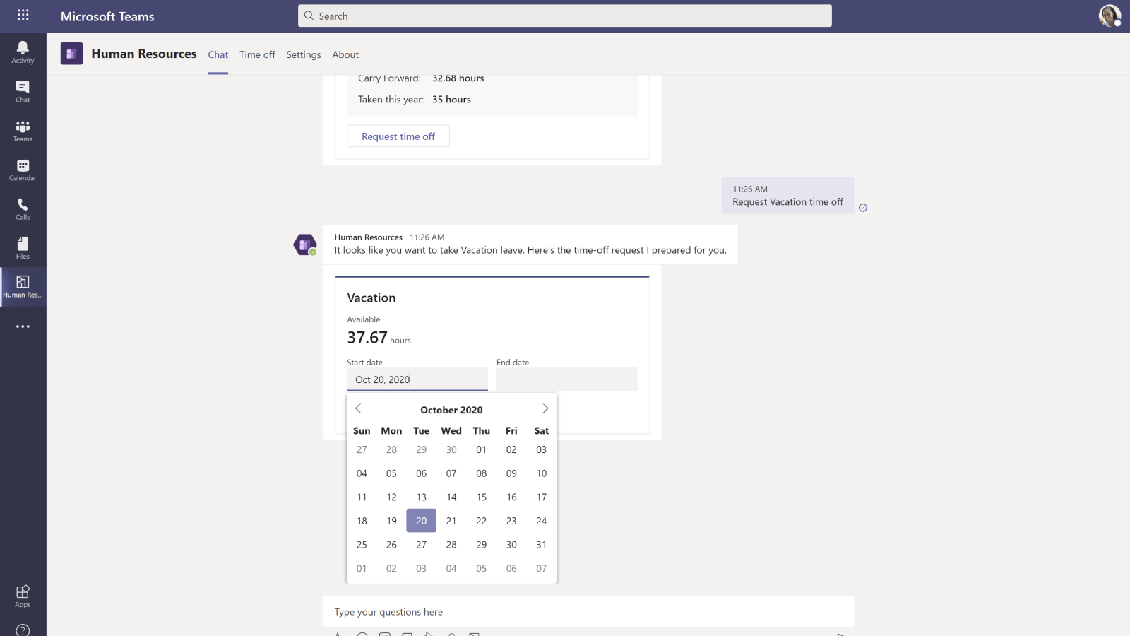 A Microsoft Teams chat shows a message about vacation leave, integrated with Dynamics 365 Human Resources, featuring a pop-up calendar for selecting October 2020 dates. The vacation balance is 37.67 hours, and a time-off request is being prepared.