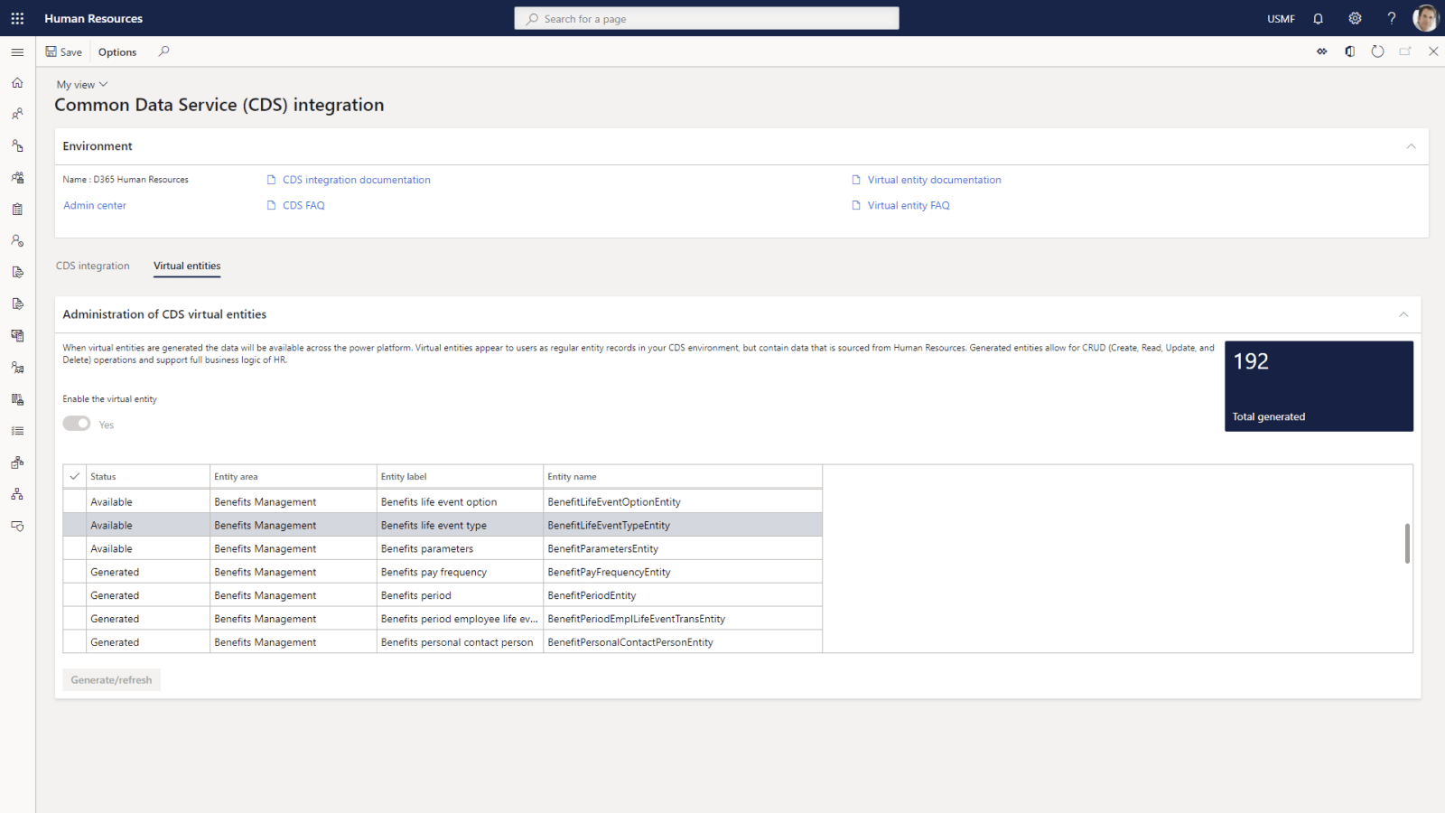 A software dashboard titled Common Data Service (CDS) integration shows a table listing Dynamics 365 Human Resources virtual entities, their status, names, and entity types. A summary on the right displays 192 total generated CDS virtual entities.