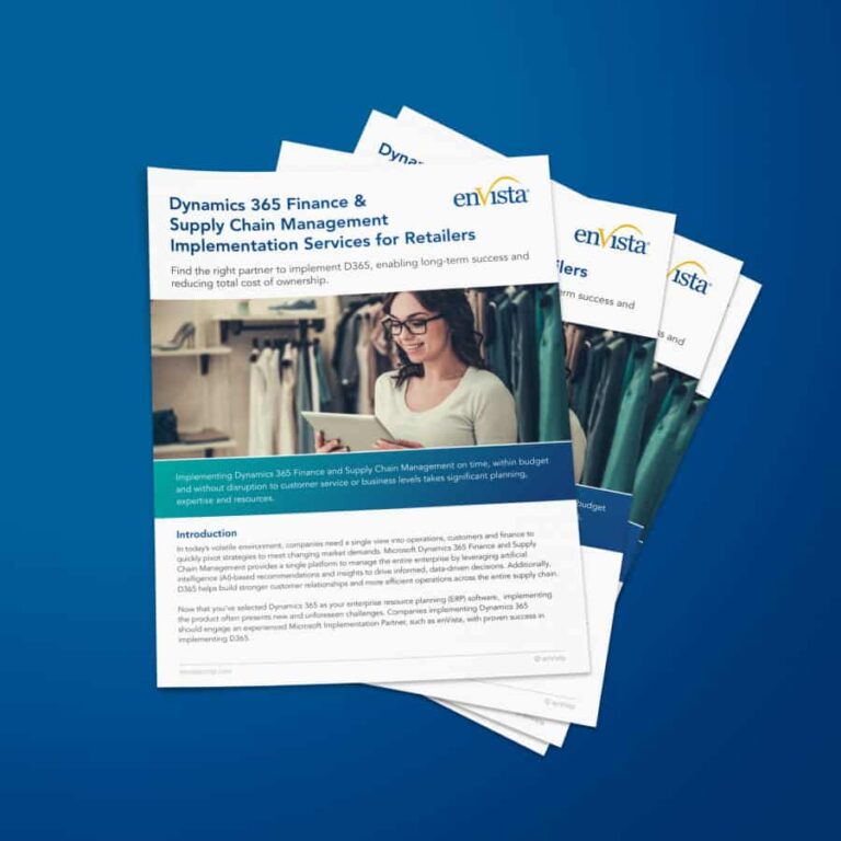 A stack of brochures titled Dynamics 365 Finance & Supply Chain Management Implementation Services for Retailers with a woman looking at a computer screen and clothing in the background, on a blue surface.