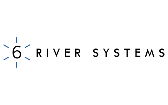 Logo for 6 River Systems featuring a stylized blue number 6 with radiating lines, symbolizing alliances, followed by the words “RIVER SYSTEMS” in black uppercase letters on a light gray background.
