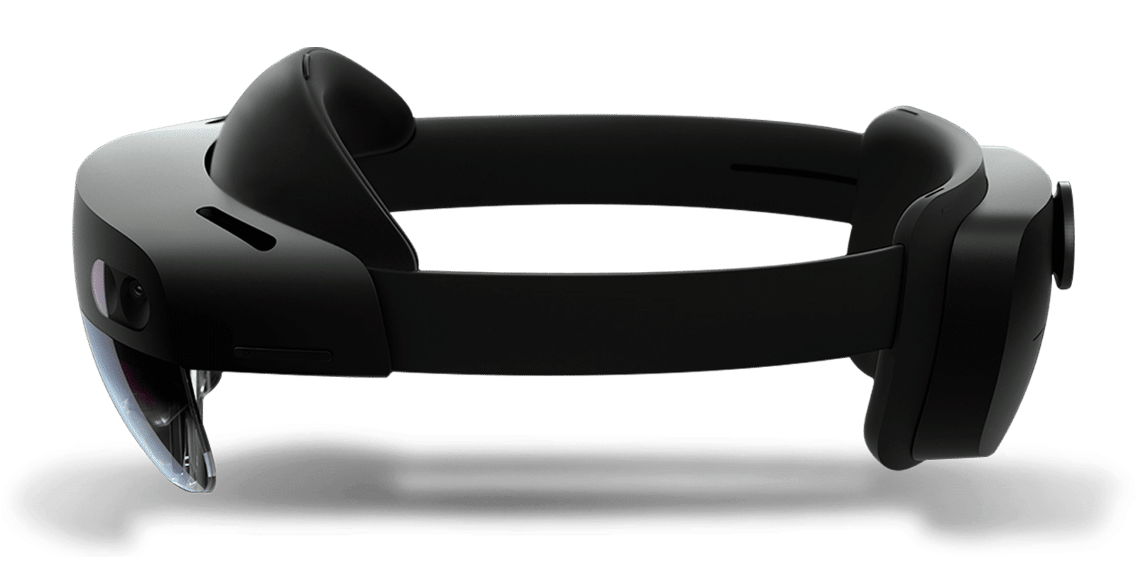 A side view of a black Microsoft mixed reality headset with a clear visor and padded headband, set against a white background.