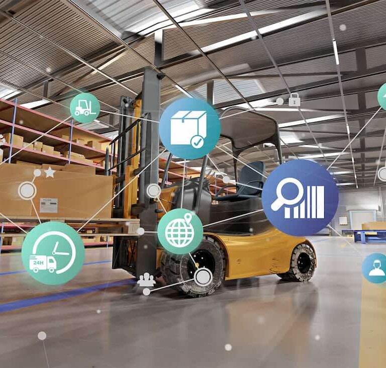 A warehouse with shelves and boxes, a forklift in the center, and digital logistics, analytics, and shipping icons connected by lines overlaying the image, representing supply chain management technology.