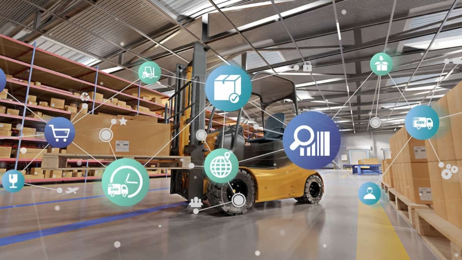 A warehouse with shelves and boxes, a forklift in the center, and digital logistics, analytics, and shipping icons connected by lines overlaying the image, representing supply chain management technology.
