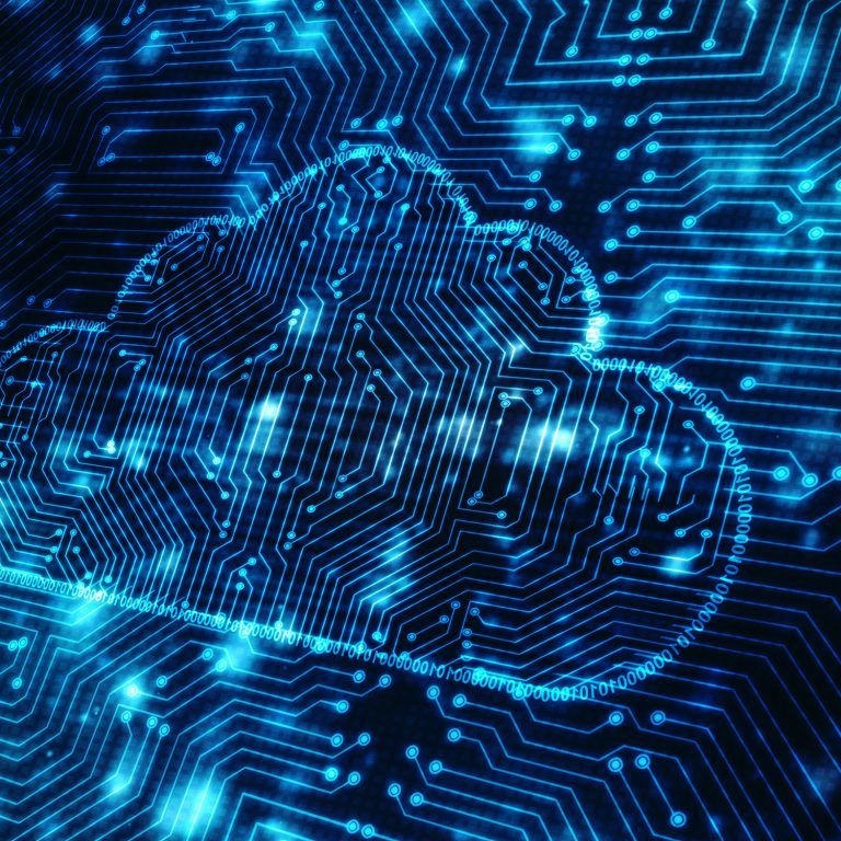 A glowing cloud icon appears on a blue digital circuit board background, symbolizing cloud computing, managed services, and data storage technology. The circuitry patterns highlight connectivity and seamless information flow.