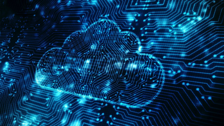 A glowing cloud icon appears on a blue digital circuit board background, symbolizing cloud computing, managed services, and data storage technology. The circuitry patterns highlight connectivity and seamless information flow.