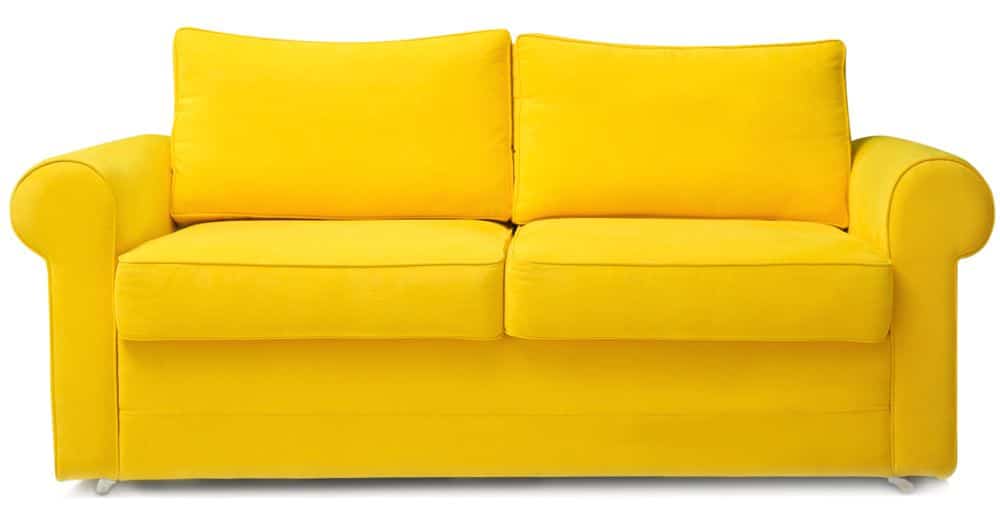 A bright yellow two-seater sofa with padded armrests, plush cushions, and a simple, modern design—perfect for adding comfort and style to any Retail Operations Consulting lounge—viewed from the front against a white background.