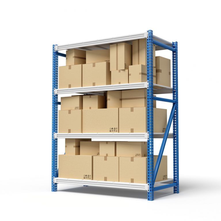 A blue and white metal storage rack, designed for warehouse optimization, holds various sizes of brown cardboard boxes organized neatly on three shelves against a plain white background.