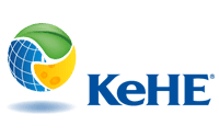 The KeHE logo features a globe partly covered by a green leaf and a yellow wedge resembling cheese, next to the blue text KeHE on a light background—symbolizing global reach and innovation in WMS Implementation.
