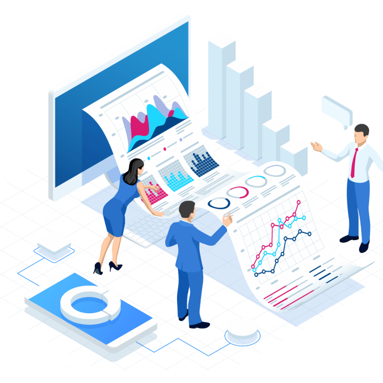 Three businesspeople analyze large digital charts with graphs and data in front of a computer monitor. Bar graphs, line charts, analytics visuals, and supply chain consulting insights are displayed in a modern, technology-driven office setting.