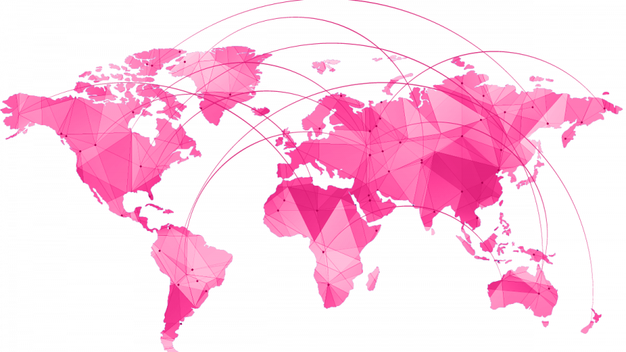A stylized pink world map with polygonal shading and network lines connecting continents, symbolizing global connections and Supply Chain Network Design & Optimization Services.