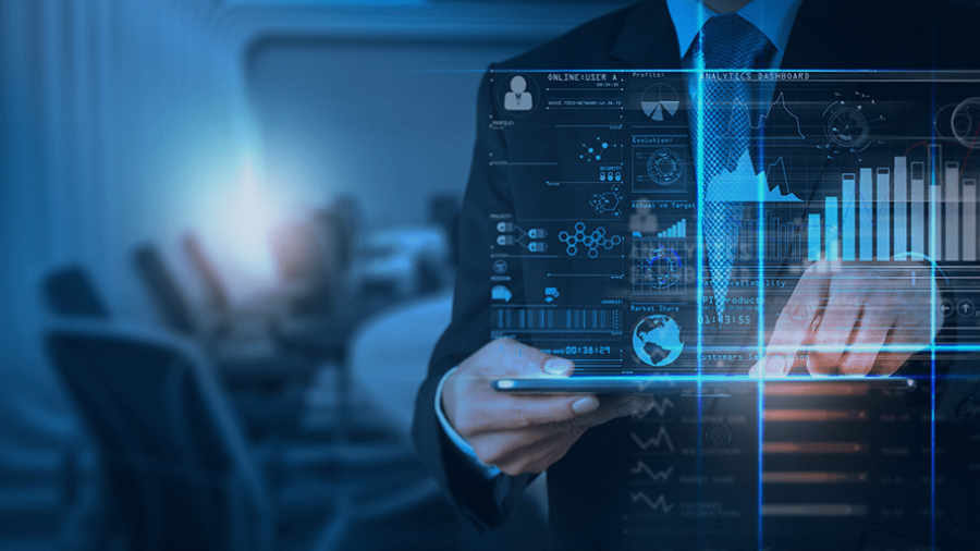 A person in a suit uses a tablet in a modern office, with digital graphs, charts, and data visualizations overlaid, symbolizing technology, data analysis, and the impact of Power BI consulting services.