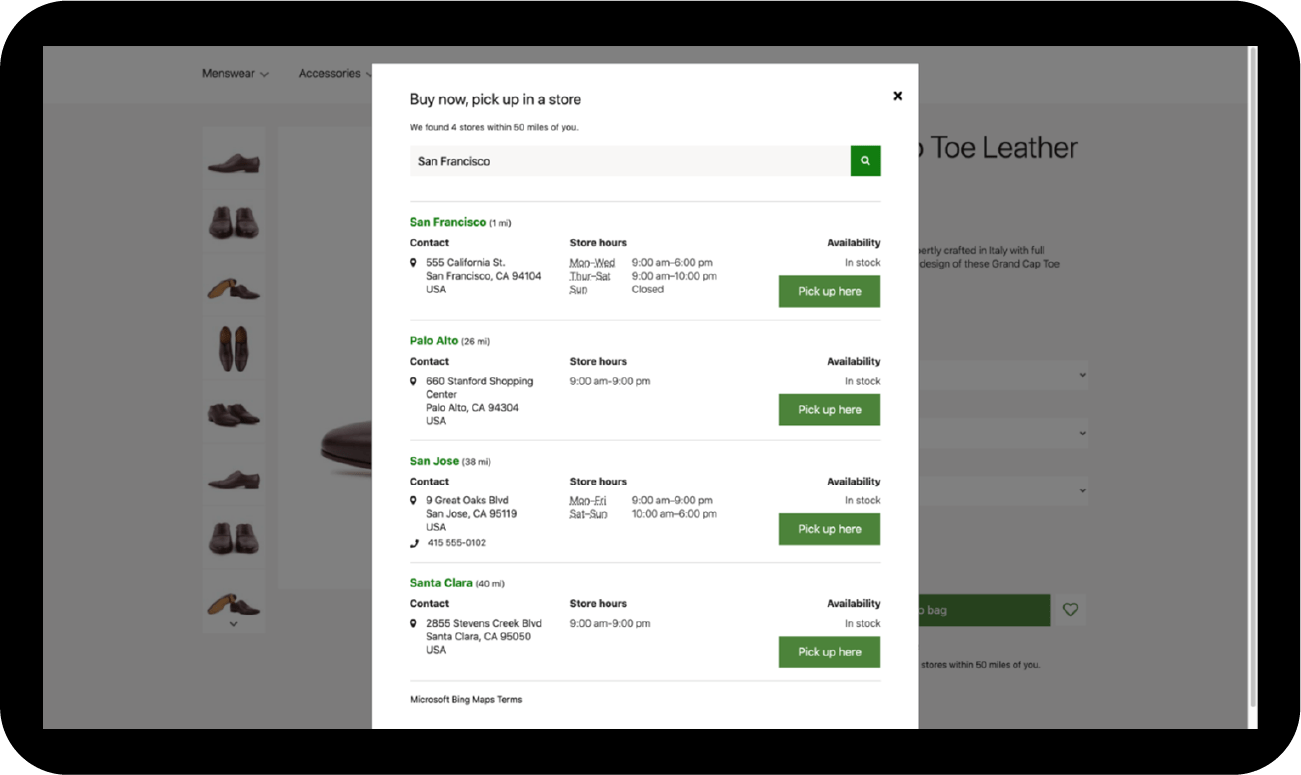 A tablet screen displays a Dynamics 365 Commerce Buy now, pick up in a store pop-up for California locations, showing store details and green Pick up here buttons. A shoe product is partially visible in the background.