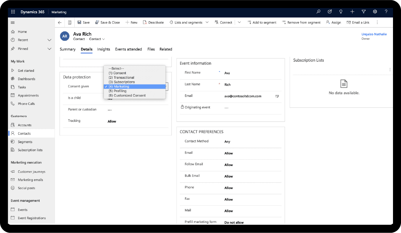 A computer screen displays the Dynamics 365 Marketing interface, featuring Ava Rich’s contact details, event information, and a dropdown menu for email consent options.