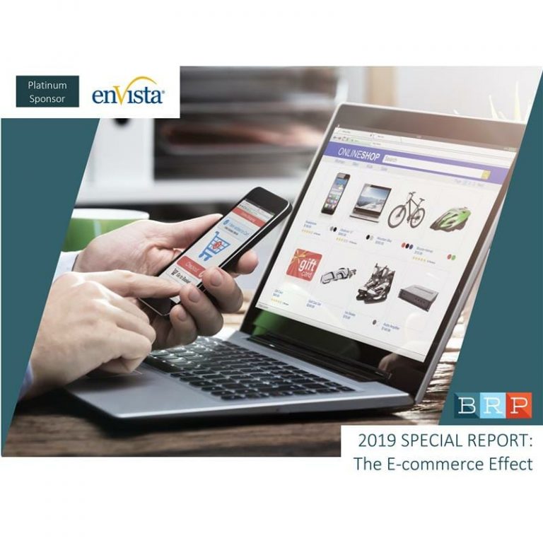 A person uses a smartphone and laptop displaying online shopping websites. Logos for envista and BRP appear, with text: 2019 Special Report: The E-commerce Effect. Platinum Sponsor label is shown.
