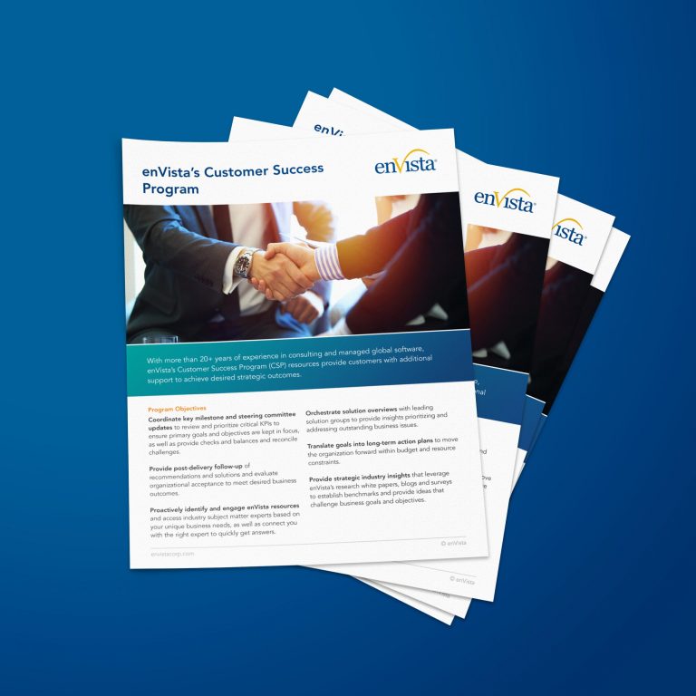 A stack of brochures titled “enVista’s Customer Success Program” is displayed on a blue background. The top brochure features a handshake image and information about program objectives and offered solutions.