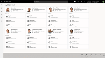 Screenshot of a Dynamics 365 Commerce client book interface displaying profiles with names, emails, phone numbers, and interests like shoes, handbags, sunglasses, watches, and tops, all organized in a grid layout.