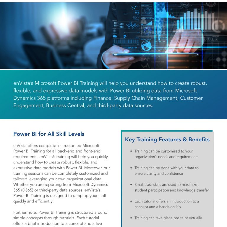 A professional flyer for enVistas Microsoft Power BI Training highlights benefits, features, and an overview of the program, alongside branding elements and boxes for Power BI for All Skill Levels and Key Training Features & Benefits.